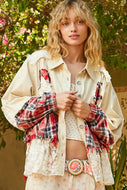 POL Vintage Washed Mixed Fabric Star Patched Jacket in Natural Multi