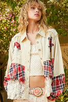 POL Vintage Washed Mixed Fabric Star Patched Jacket in Natural Multi