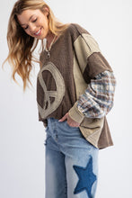 Load image into Gallery viewer, Easel Mixed Fabric Peace Sign Patch OVERSIZED Top in Ash Olive
