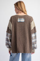 Easel Mixed Fabric Peace Sign Patch OVERSIZED Top in Ash Olive