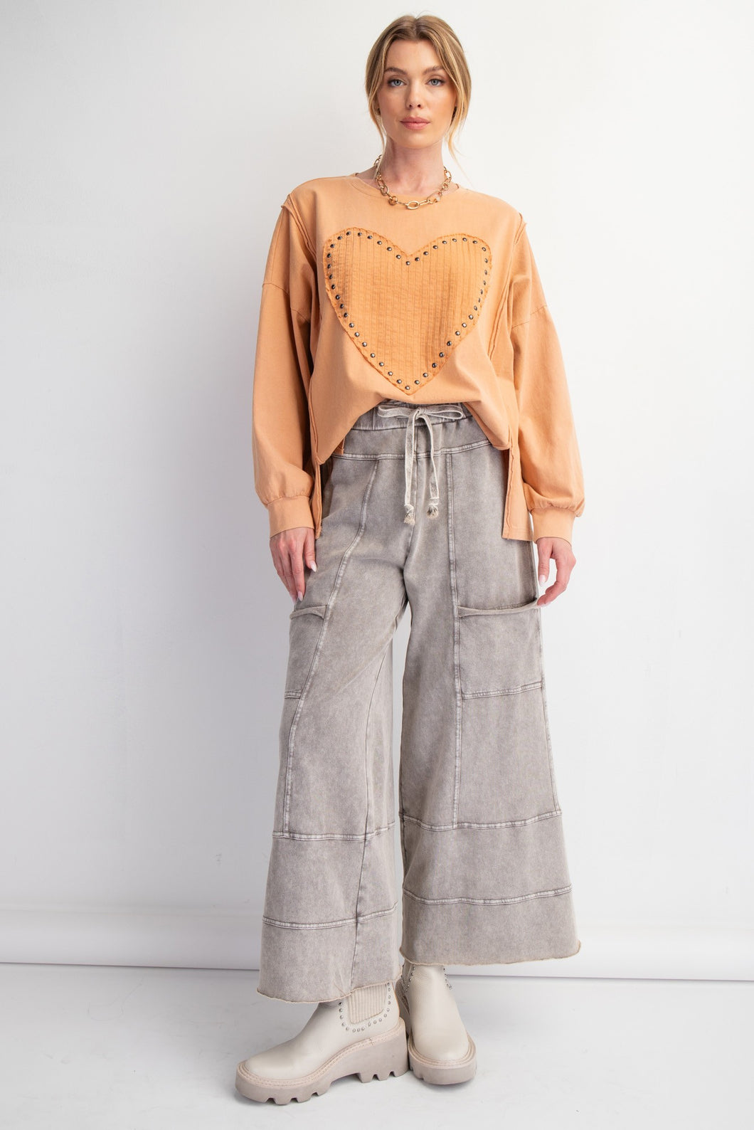 Easel Mineral Washed Terry Knit Pants in Rolling Stone