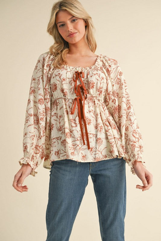 Jodifl Floral Print Baby Doll Top with Bow Ties in Toffee – June Adel