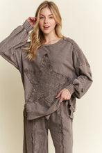 Load image into Gallery viewer, J. Her Mineral Washed Star Patched Top with Plaid Details in Charcoal
