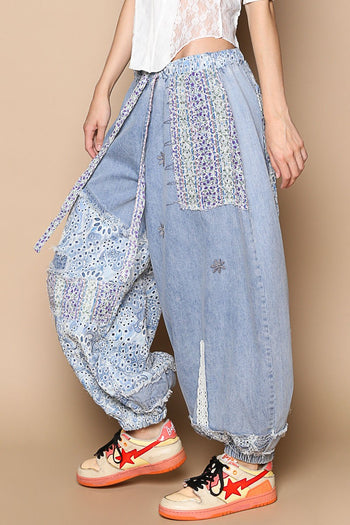 POL Twill and Floral Print Patchwork Joggers in Denim *PLEASE CHECK MEASUREMENTS*