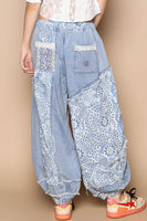 POL Twill and Floral Print Patchwork Joggers in Denim *PLEASE CHECK MEASUREMENTS*