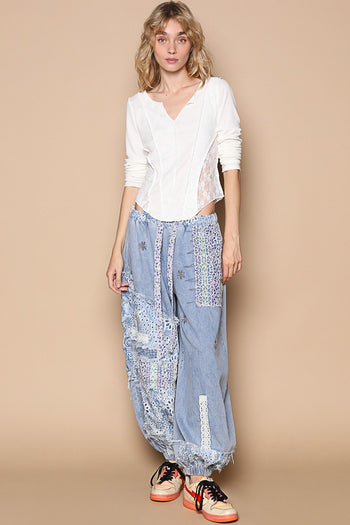 POL Twill and Floral Print Patchwork Joggers in Denim *PLEASE CHECK MEASUREMENTS*