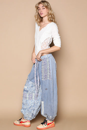 POL Twill and Floral Print Patchwork Joggers in Denim *PLEASE CHECK MEASUREMENTS*