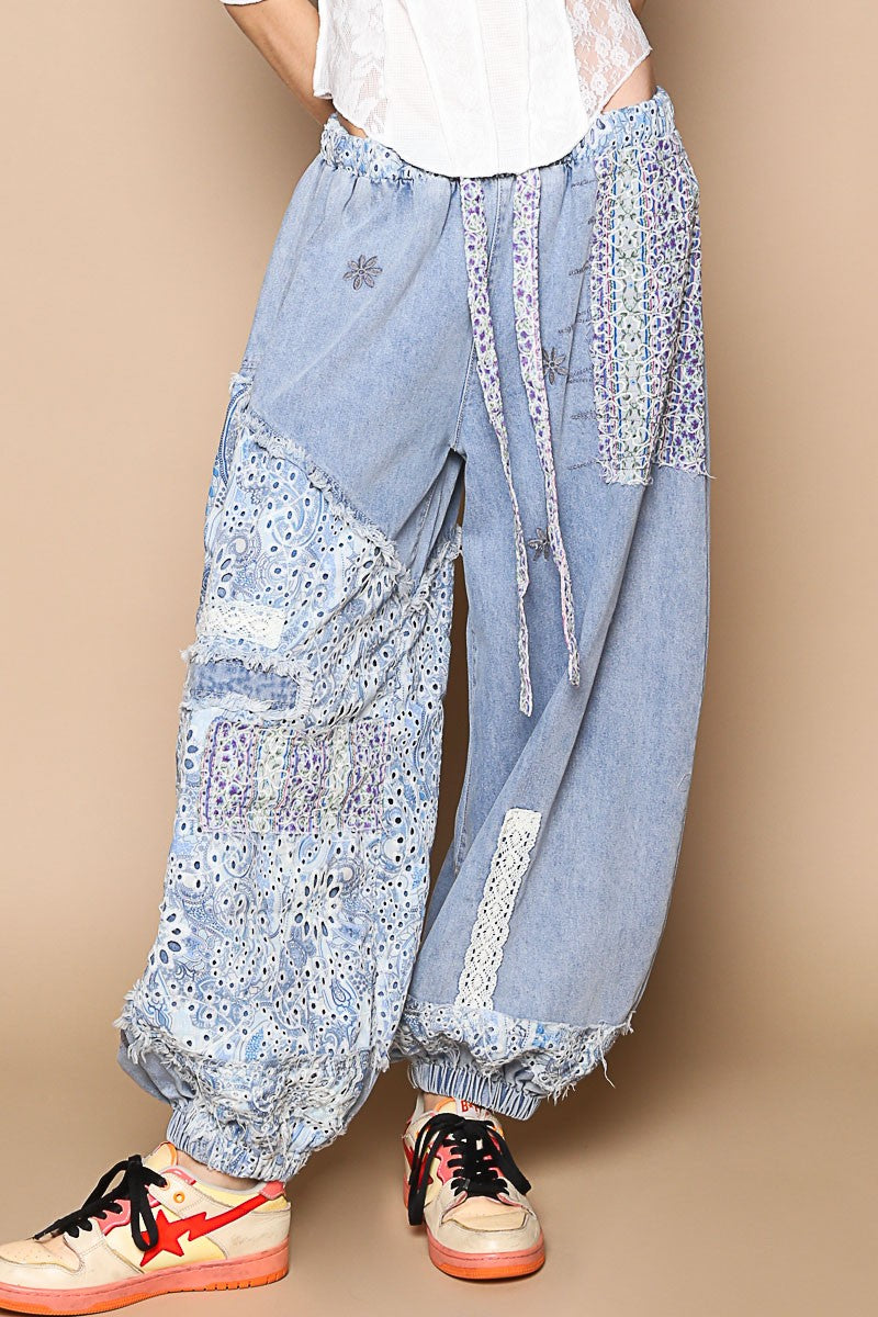 POL Twill and Floral Print Patchwork Joggers in Denim *PLEASE