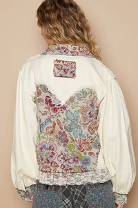 POL CROPPED Twill Jacket with Floral and Lace Details in Cream