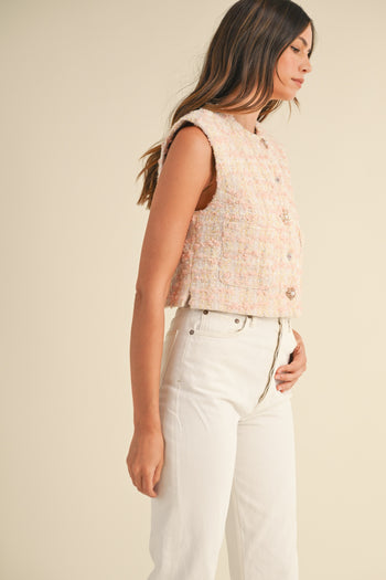 MABLE Tweed Vest with Unique Mixed Buttons in Blush