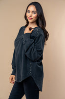 White Birch Solid Color Pearl Studded Top in Black