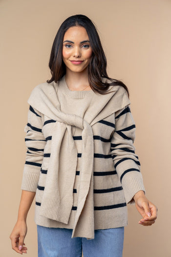 White Birch Contrasting Colors Knit Striped Sweater in Oatmeal Black