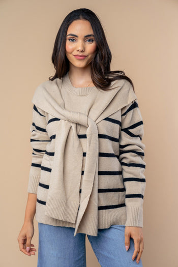 White Birch Contrasting Colors Knit Striped Sweater in Oatmeal Black