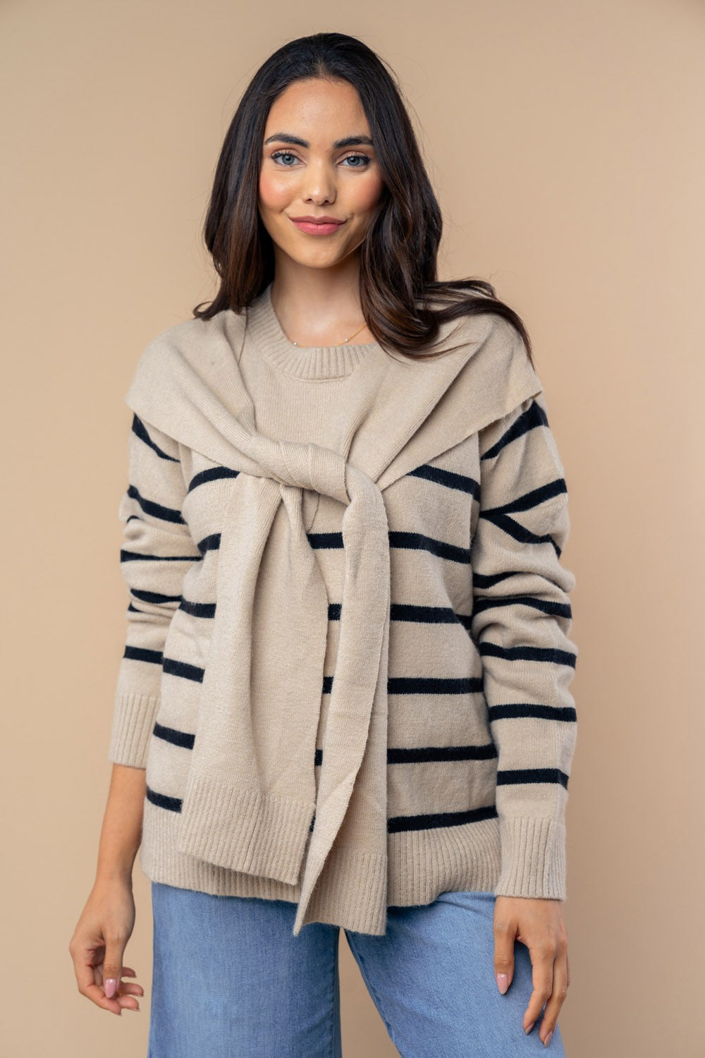 White Birch Contrasting Colors Knit Striped Sweater in Oatmeal Black