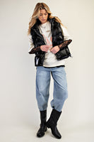 Easel Shiny Faux Leather Cropped Length Puffer Vest in Black