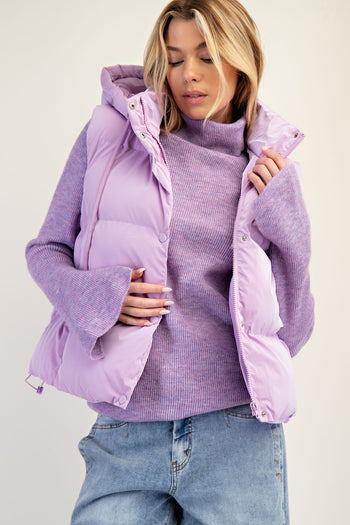 Easel Shiny Faux Leather Cropped Length Puffer Vest in Lavender