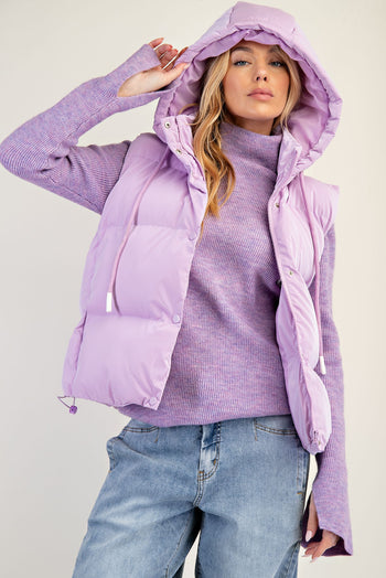 Easel Shiny Faux Leather Cropped Length Puffer Vest in Lavender