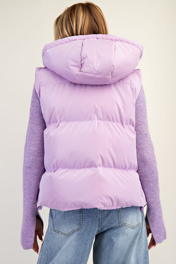 Easel Shiny Faux Leather Cropped Length Puffer Vest in Lavender