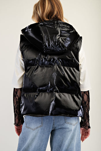 Easel Shiny Faux Leather Cropped Length Puffer Vest in Black