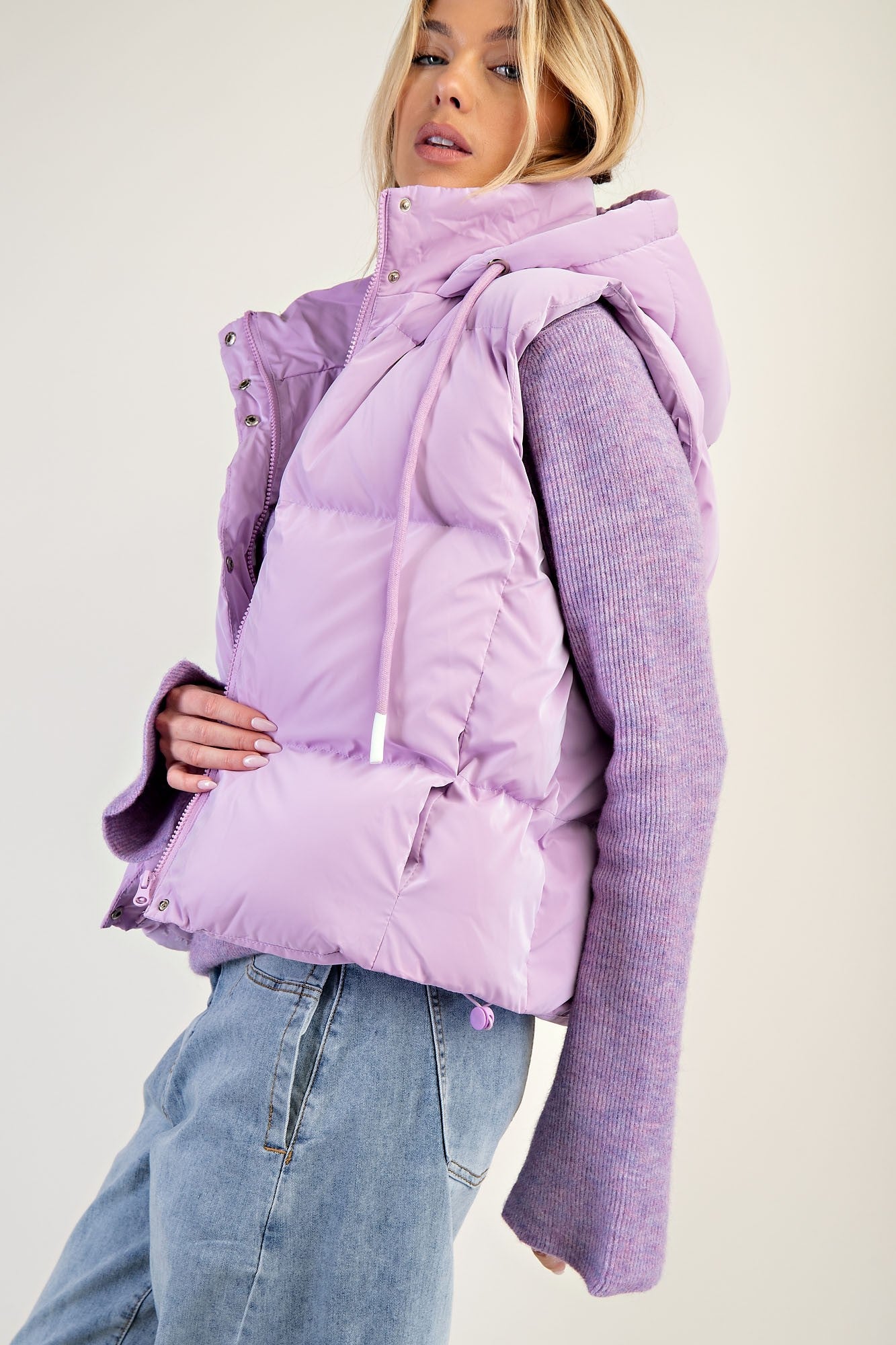 【韓国アイドル着用ブランド】XLIM PADDED VEST Easel Shiny Faux Leather Cropped Length Puffer Vest in Lavender