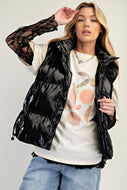 Easel Shiny Faux Leather Cropped Length Puffer Vest in Black