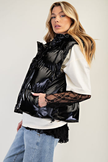 Easel Shiny Faux Leather Cropped Length Puffer Vest in Black