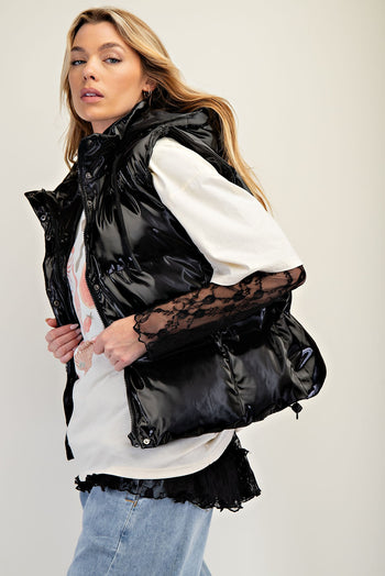 Easel Shiny Faux Leather Cropped Length Puffer Vest in Black