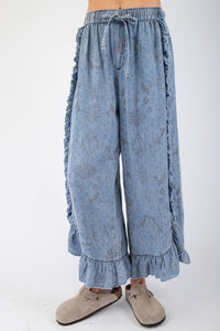 Easel Ethnic Print Chambray Pants with Ruffle Details in Light Denim