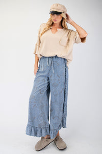 Easel Ethnic Print Chambray Pants with Ruffle Details in Light Denim