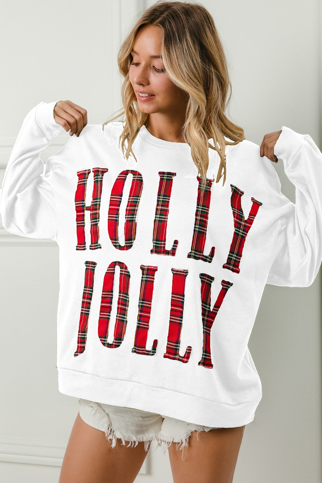 BiBi Solid Color Christmas Top with HOLLY JOLLY Letter Patches in White/Red Plaid ON ORDER