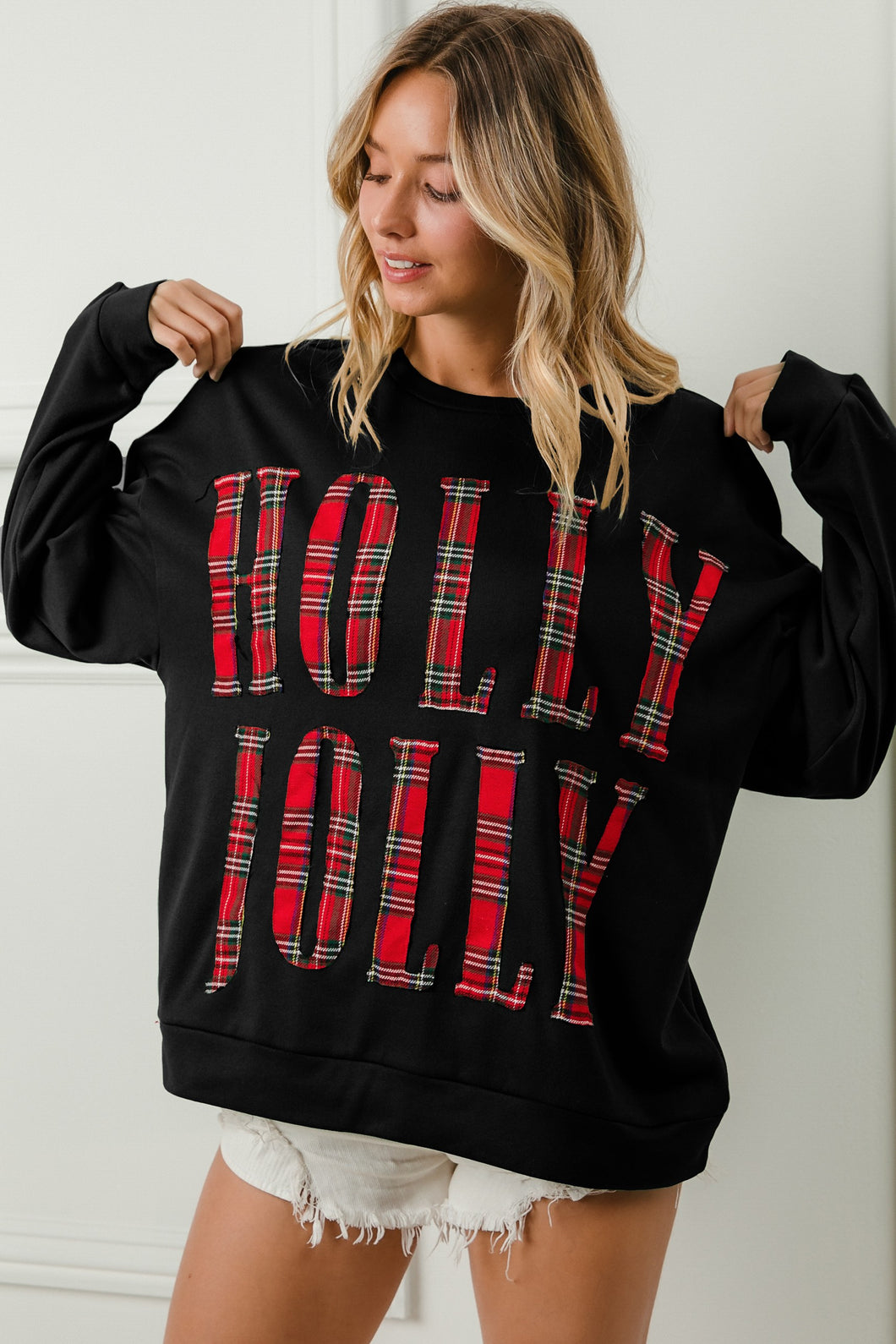 BiBi Solid Color Christmas Top with HOLLY JOLLY Letter Patches in Black/Red Plaid