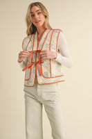 &merci Quilted Patchwork Vest with Contrasting Binding in Caramel Sepia Multi