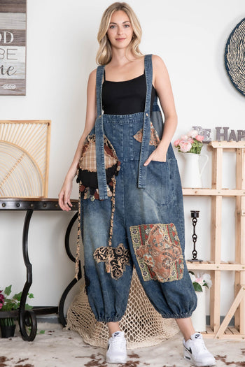 BlueVelvet Denim Capri Overalls with Mixed Patches in Denim ON ORDER