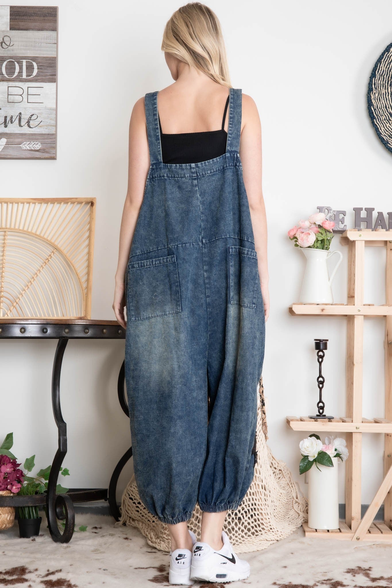 BlueVelvet Denim Capri Overalls with Mixed Patches in Denim ON