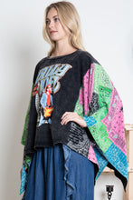 Load image into Gallery viewer, BlueVelvet Billy Joel Print Top with Mixed Print Sewn Poncho Sleeves in Black
