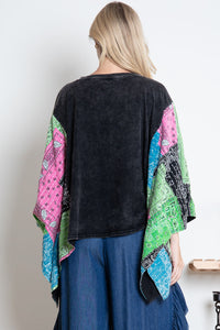 BlueVelvet Billy Joel Print Top with Mixed Print Sewn Poncho Sleeves in Black