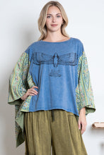 Load image into Gallery viewer, BlueVelvet Bird Print Top with Mixed Print Sewn Poncho Sleeves in Dusty Teal Blue
