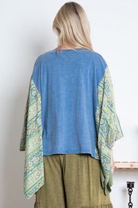 BlueVelvet Bird Print Top with Mixed Print Sewn Poncho Sleeves in Dusty Teal Blue