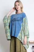 Load image into Gallery viewer, BlueVelvet Bird Print Top with Mixed Print Sewn Poncho Sleeves in Dusty Teal Blue
