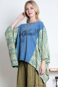 BlueVelvet Bird Print Top with Mixed Print Sewn Poncho Sleeves in Dusty Teal Blue