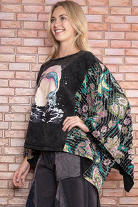 BlueVelvet Mermaid Print Top with Mixed Print Sewn Poncho Sleeves in Black