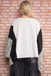 BlueVelvet Sonny & Cher Print Top with Mixed Print Sewn Poncho Sleeves in Light Grey