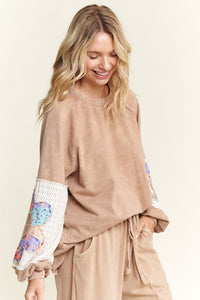 J. Her Mineral Washed Top with Flower Patched Sleeves in Latte