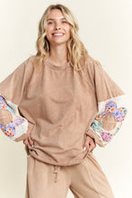 Load image into Gallery viewer, J. Her Mineral Washed Top with Flower Patched Sleeves in Latte
