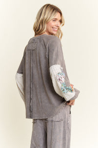 J. Her Mineral Washed Top with Flower Patched Sleeves in Charcoal