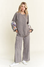 Load image into Gallery viewer, J. Her Mineral Washed Top with Flower Patched Sleeves in Charcoal
