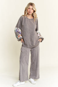 J. Her Mineral Washed Top with Flower Patched Sleeves in Charcoal