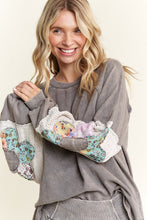 Load image into Gallery viewer, J. Her Mineral Washed Top with Flower Patched Sleeves in Charcoal
