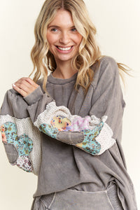 J. Her Mineral Washed Top with Flower Patched Sleeves in Charcoal