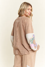 Load image into Gallery viewer, J. Her Mineral Washed Top with Flower Patched Sleeves in Latte
